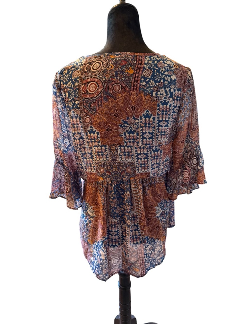 🫶🏻 Artesia Boho Lace-Trim Paisley Peasant Top - Blue & Brown - Picture 3 of 4